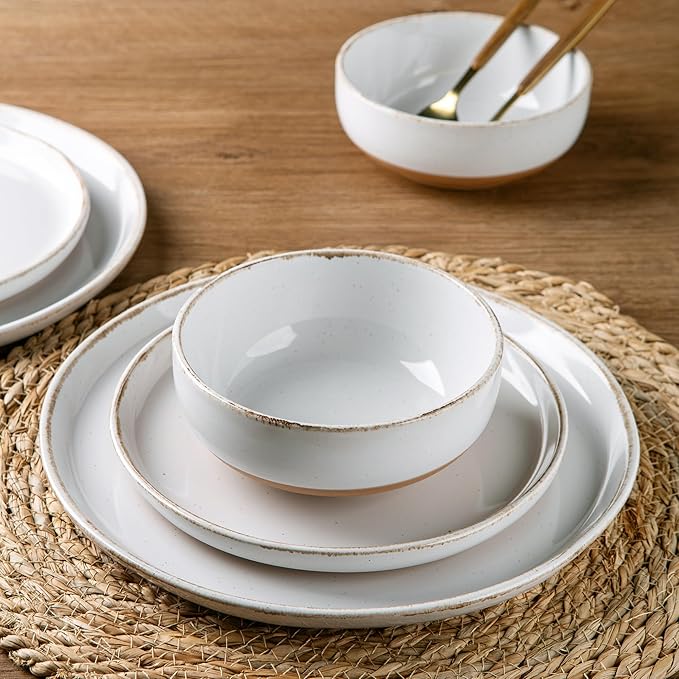 AmorArc 18 Pieces Ceramic Dinnerware Sets for 6, Handpainted Stoneware Plates and Bowls Set with Rustic Terracotta Underside, Scratch Resistant Dishes Set, Dishwasher & Microwave Safe, White