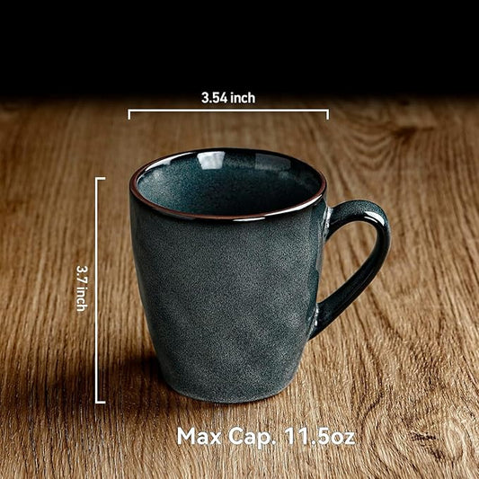 famiware Coffee Mugs Set of 4, Ocean Round 11.5oz Coffee Cup Set with Handle for Cocoa, Milk, Hot Chocolate, Tea or Water, Stoneware Cups for Kitchen, Microwave Dishwasher Safe, Deep Forest