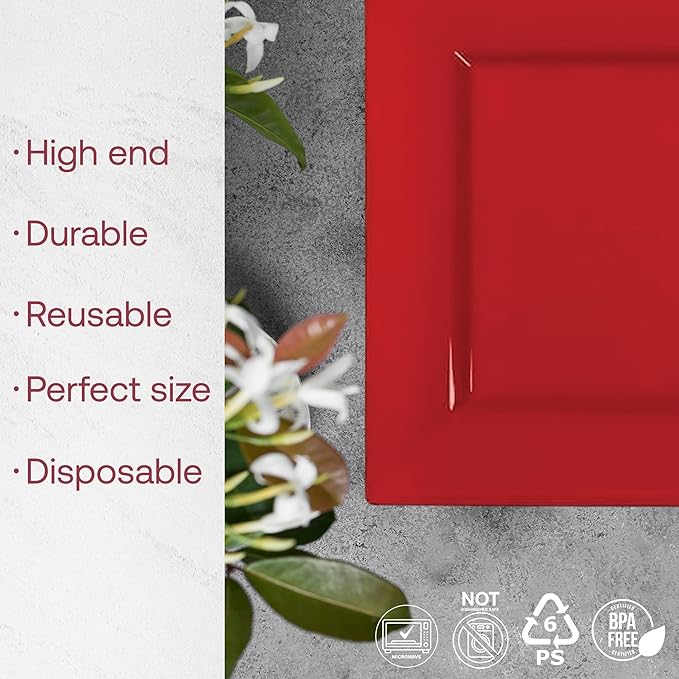Smarty Had A Party 120 Red Square Plates for Salad 6.5" – Heavy-Duty Disposable Tableware for Weddings – Red Plastic Dessert Plates 120 Guests, High-End, Versatile Look