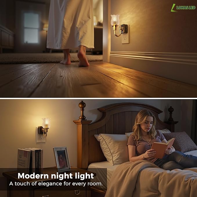 L LOHAS LED Night Lights Plug into Wall, 3000K Soft White LED Floral Night Lights with Auto Sensor, 0-100lm Adjustable Brightness, for Hallway Bedroom Stairway