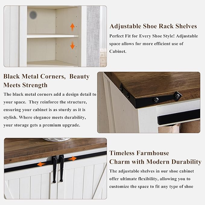 OKD Shoe Storage Cabinet with 2 Sliding Door, 7-Tier 62" Tall Farmhouse Entryway Shoe Organizer, Freestanding Rustic Hidden Shoe Rack Cabinet for Entryway, Antique White