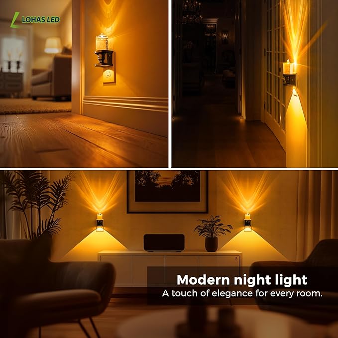 L LOHAS LED Flameless Candle Night Light, Amber Night Lights Plug into Wall, 0-100LM Dimmable Nightlight, LED Candle Night Light with Light Sensor, for Dinning Room, Living Room, Bathroom, Hallway
