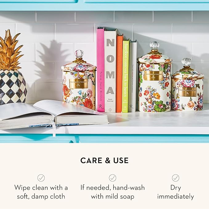 MACKENZIE-CHILDS Large Enamel Canister, Kitchen Storage Container for Flour and Sugar, 1.89 Liters, White Flower Market
