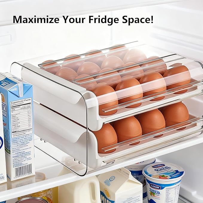 Egg Drawer for Refrigerator 32 Eggs, 2 Tier Clear Stackable Egg Holder with Drawer for Fridge, Drawer Type Egg Storage Box, Egg Tray Countertop (White)
