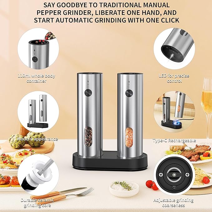 Electric Salt and Pepper Grinder Set,Upgradeable External Grind Adjustment for Coarse or Fine, Set with Rechargeable Base,LED Light, Ideal for Kitchen Cooking and Outdoor Grilling.