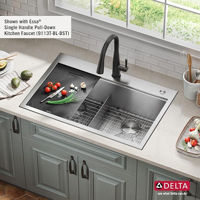 DELTA FAUCET Rivet 33-Inch Workstation Kitchen Sink Drop-In Top Mount 16 Gauge Stainless Steel 50/50 Double Bowl with WorkFlow Ledge and Chef’s Kit of 8 Accessories, 95A931-33D-SS