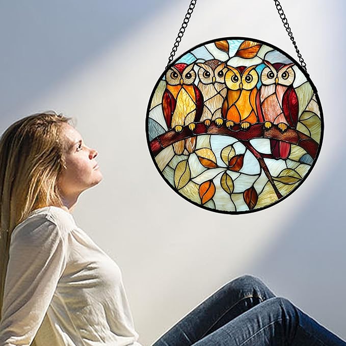 Stained Glass Window Hanging, 4 Owls on a Branch Sun Catcher for Door Home Decor White Brown Bird Suncatcher Christmas Mother's Day Birthday Gifts for Women Men Mom and Nana 7.8 in