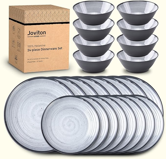 24-Piece Swirl Grey Melamine Plastic Dinnerware Sets for 8, Plates and Bowls Sets (Cool Grey)