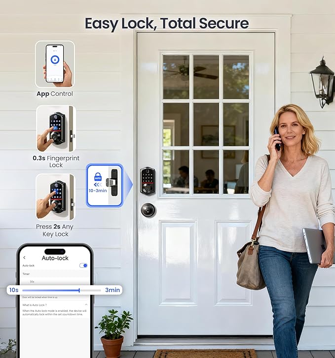 Veise VE017-K Fingerprint Smart Lock with 2 Knobs, App Control, Keyless Entry Front Door Lock with Handle Set, Electronic Digital Touchscreen Keypad Deadbolt, IP55 Waterproof, Auto-Lock, Matte Black