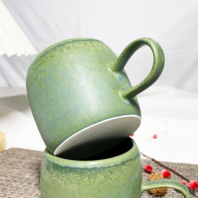 Medium Ceramic Coffee Mug Set of 2, 12 Oz, Stoneware Tea Cup for Office and Home, Dishwasher and Microwave Safe (Green, 2) (Classic)