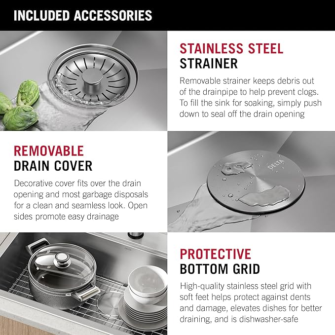 DELTA FAUCET Rivet 30-Inch Workstation Kitchen Sink Drop-In Top Mount 16 Gauge Stainless Steel Single Bowl with WorkFlow Ledge and Chef’s Kit of 5 Accessories, 95A931-30S-SS