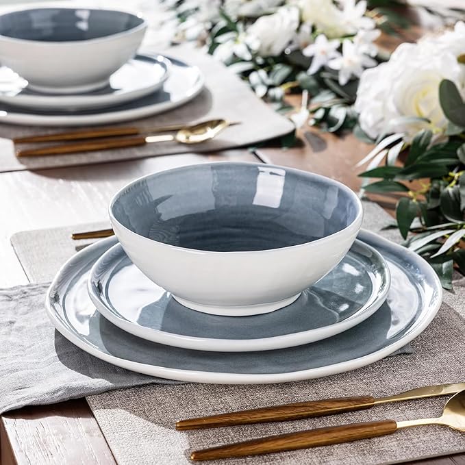 LERATIO Ceramic Dinnerware Sets for 4,Porcelain Plates and Bowls Sets with Wavy Edge,Microwave & Dishwasher & Oven Safe,Light Weight & Scratch Resistant Dishes Sets-Service for 4-Jean blue (12pcs)