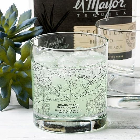 Black Lantern Whiskey Glasses - National Park Topographic Map Old Fashioned Glasses - 11oz. Rock Glass Set of 2 - Cocktail & Everyday Use Drinking Glasses - Dishwasher Safe (Grand Teton)