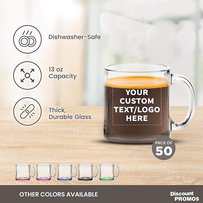 Custom Libbey Clear Glass Coffee Mugs 13 oz. Set of 50, Personalized Bulk Pack - Perfect for Coffee, Tea, Espresso, Hot Cocoa, Other Beverages - Clear Bottom