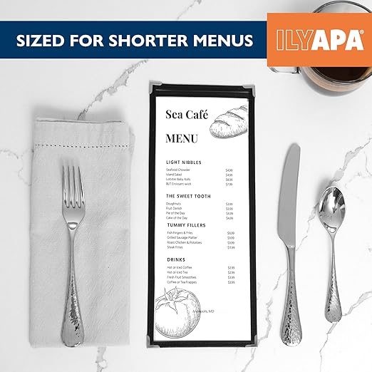 Ilyapa 30 Pack of Menu Covers 4.25 x 11 - Single Page, 2 View, Restaurant Menu Covers, 4.25x11 Clear Plastic Sleeves, Transparent Viewing Surfaces
