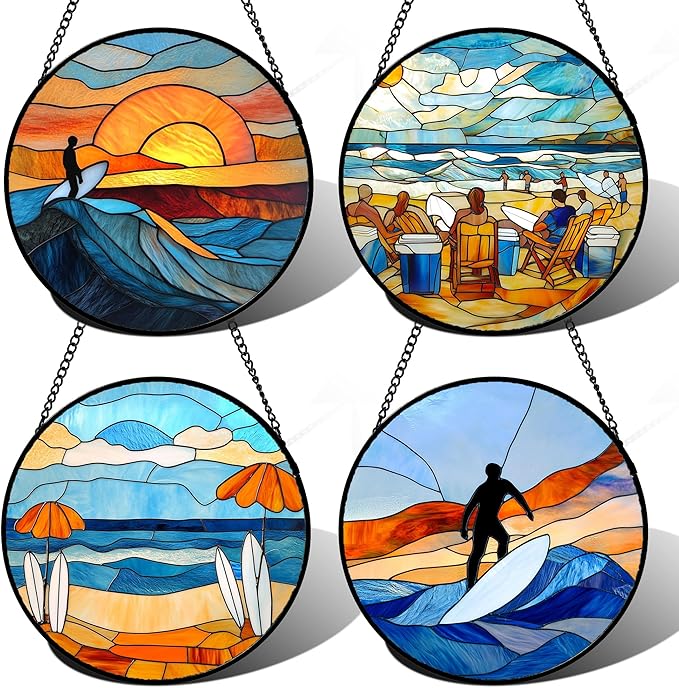 Stained Glass Window Hanging 4 Pcs Set Blue Ocean Surfing Beach Large 15" - Suncatcher Door Garden Sun Catcher Decor Birthday Mother's Day for Firefighte Men Woman Nana Mom