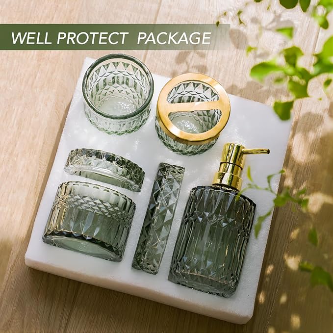 Bathroom Accessory Set, 5 Pcs Glass Bathroom Accessories Set with Lotion Dispenser,Toothbrush Holder, Soap Dish,Tumbler, Cotton Swab Jars, Home Set for Christmas/Housewarming, Modern Bathroom Decor