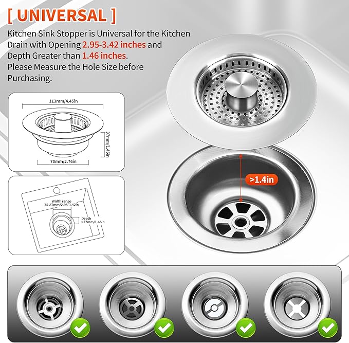 3-in-1 Kitchen Sink Drain Strainer with Bounce Core - Universal Stainless Steel Drain Stopper，Easy to Install & Clean, Upgraded Design