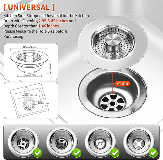 3-in-1 Kitchen Sink Drain Strainer with Bounce Core - Universal Stainless Steel Drain Stopper 2-Pack, Easy to Install & Clean, Upgraded Design