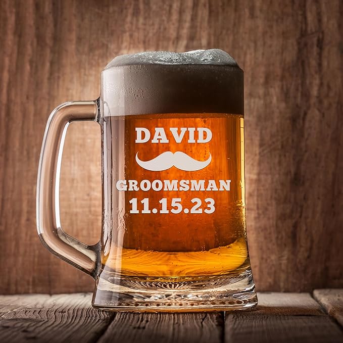 Groomsmen Gifts - Personalized Beer Mugs - Groomsmen Proposal Gift Idea - Customized Gift for Groom, Best Man, Groomsman - Custom Engraved Beer Mugs for Grooms Men - Groomsmen Beer Glasses (Design B)