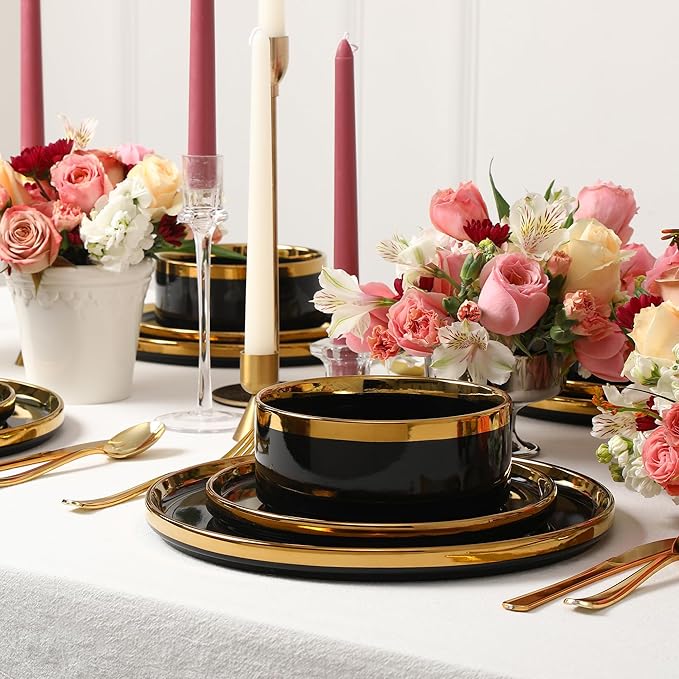 Christian Siriano Solene Stoneware Dinnerware, 12-Piece Plates and Bowls Set, Dish Set for 4, Black with Gold Rim, Glossy Finish, Hand Wash Only