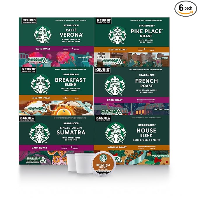 Starbucks K-Cup Coffee Pods, Starbucks Blonde, Medium and Dark Roast Hot or Iced Coffee, Variety Pack, 60 Keurig Pods