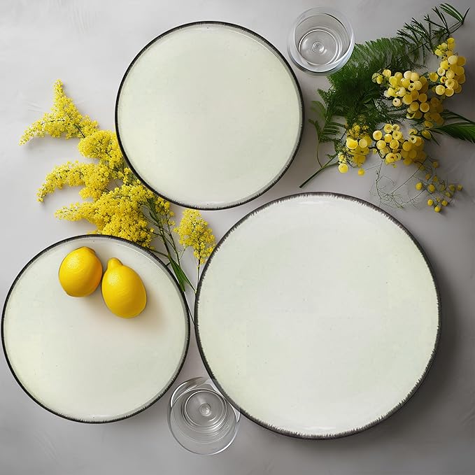 Gusto Buono 16-Piece Nordic Stoneware Dinnerware Set – Green Pistachio w/Antique Border | 4 Each of Bowls (5.5"), Salad Plates (7.5"), Dinner Plates (10.5"), and Mugs (12oz)|For All Occasions