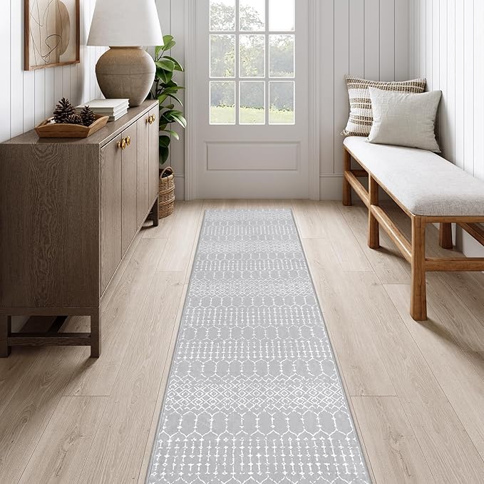 Lahome Moroccan Washable Rug Runner - 2x10 Non-Slip Runner Rug for Kitchen Stain Resistant Grey Carpet Runners for Hallway 10 Ft, Modern Geometric Print Soft Floor Carpet for Bathroom Entryway Foyer