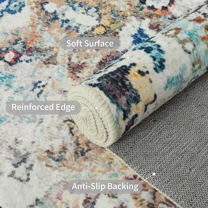 Easy-Going Area Rug 5x7 Washable Boho Rugs for Living Room Non-Slip Bedroom Rug Low Pile Lightweight Medallion Distressed Throw Rug for Dining Room Kitchen Home Office Carpet, Vintage Multi