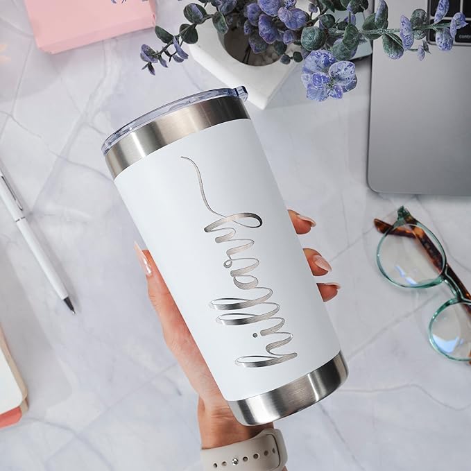 Personalized Tumblers, Stainless Steel 20 oz Tumbler w/Lid |13 Different Designs| Personalized Cups Double Walled Insulated Coffee Cup for Travel - White