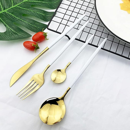 JASHII Flatware Serving Set 24 Piece, Stainless Steel Silverware Set, White Gold Cutlery, Modern Elegant Tableware for Party, Christmas, Dinner