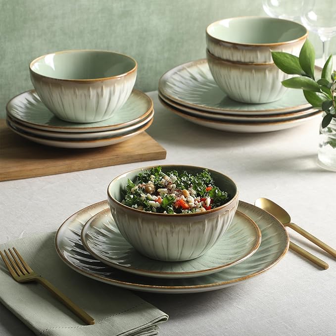 Gibson Elite Trescott Way 12-Piece Reactive Glaze Stoneware Dinnerware Set – Green Plates and Bowls