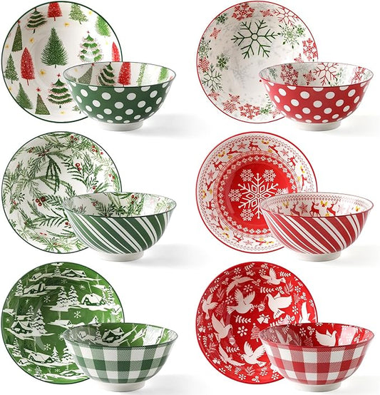 Christmas Soup Bowls, 23 Oz Cereal Bowl Set for Kitchen, Deep Ceramic Bowls for Salad, Dessert, Pasta, Ice Cream, Dishwasher and Microwave Safe, Set of 6