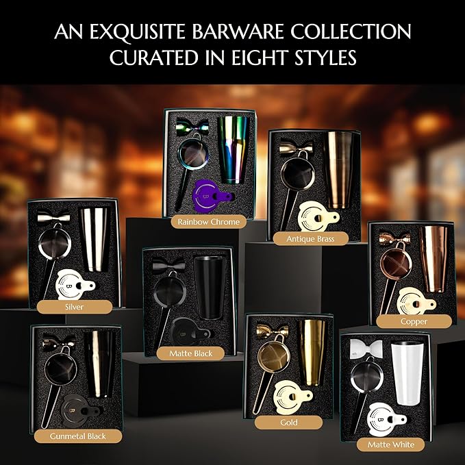 5 Piece Cocktail Kit by Bull In China - Premium Bartender Gift Set Includes Weighted 2 Piece Boston Shaker, Hammered Bell Jigger, Hawthorne Strainer & Fine Mesh Strainer (Copper)
