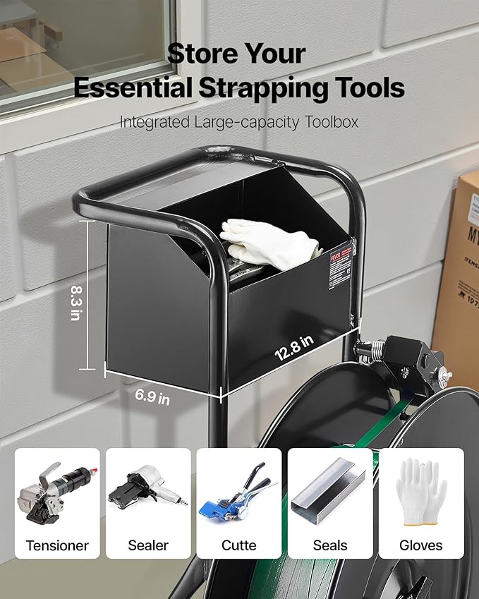 VEVOR Banding Strapping Cart, Fit for PET/PP/Steel Strapping Coils with 8 or 16 inches Core Size, Heavy Duty Strapping Dispenser Equipped with Upgrade Drum Brake, Built-in Spacious Tray for Tools