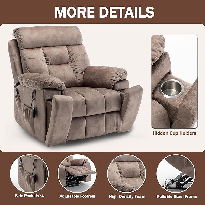 Oversized Power Lift Recliner Chair for Elderly with Massage Heat, Light Brown Velvet Electric Lay Flat Recliners with Cup Holders, Side Pockets, Infinite Position, Gift for Family