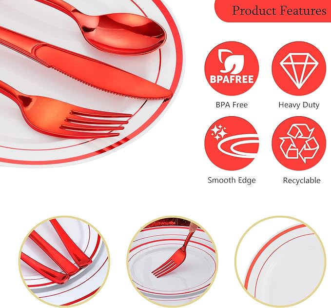 300PCS Christmas Plates Dinnerware, Red Dinnerware Set for 50 Guests, White and Red Christmas Disposable Plates for Party-50 Dinner Platos,Dessert Plates, Silverware Set