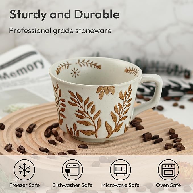 Ceramic Coffee Mug, 12 oz Novelty Unique Teacup with Handle, Stoneware Cup for Tea Mocha Latte Cappuccino Espresso (Set of 2, Ivy and Leaf)
