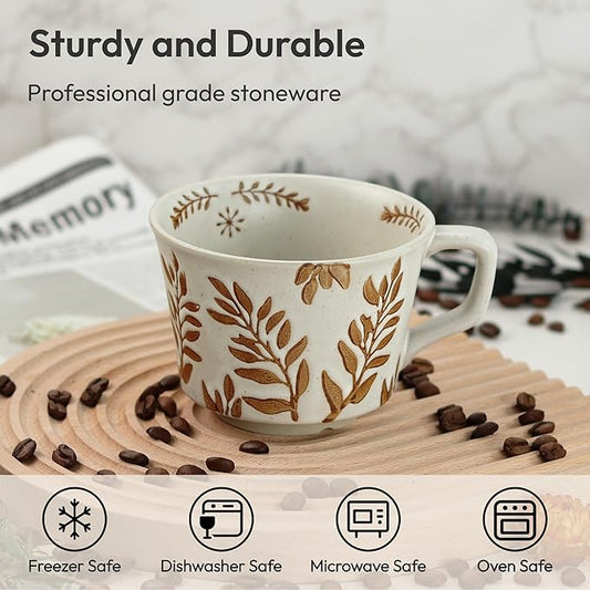 Ceramic Coffee Mug, 12 oz Novelty Unique Teacup with Handle, Stoneware Cup for Tea Mocha Latte Cappuccino Espresso (Set of 2, Ivy and Leaf)