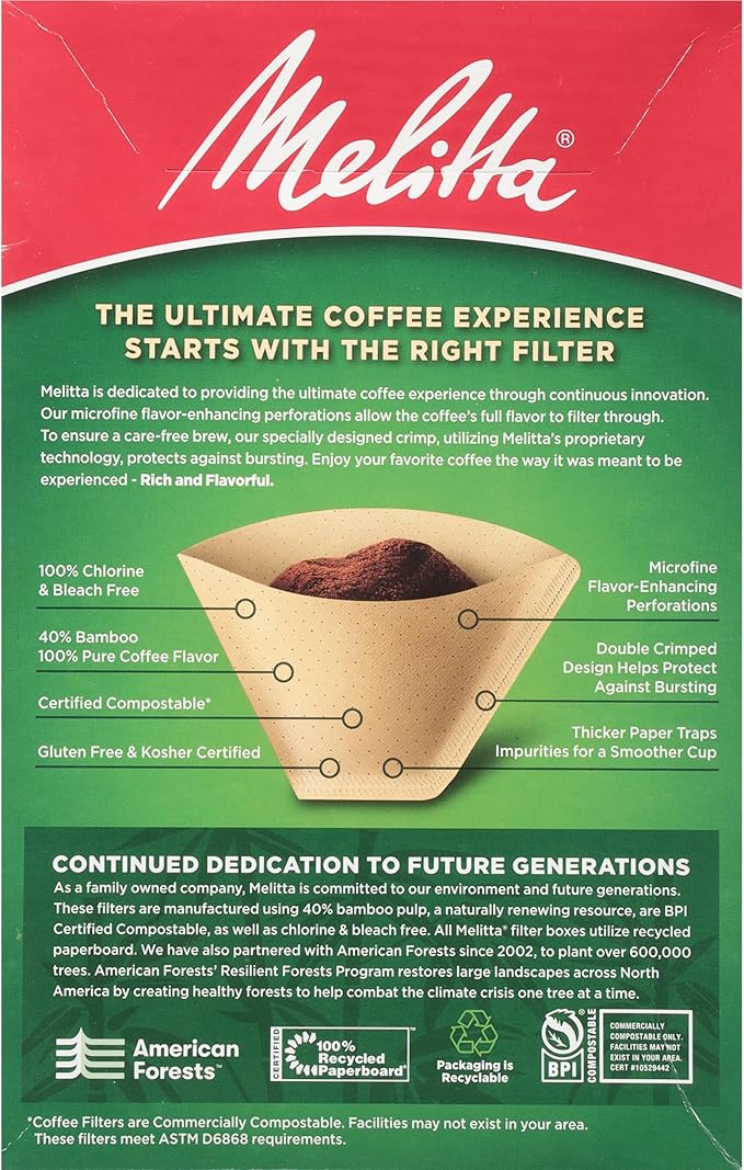Melitta #4 Cone Coffee Filters, Bamboo, 80 Count (Pack Of 6), 480 Total Filters - Fits all 8-12 Cup Cone Coffee Makers and Pour-Overs, Compostable, Tear-Resistant, Made in USA