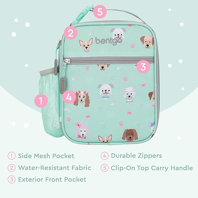 Bentgo® Kids Insulated Lunch Tote - Water-Resistant, Reusable, Lightweight & Durable Lunch Bag with Water Bottle Holder & Mesh Pocket, Fits Lunch Box & Water Bottle - Ideal for Ages 3+ (Puppy)