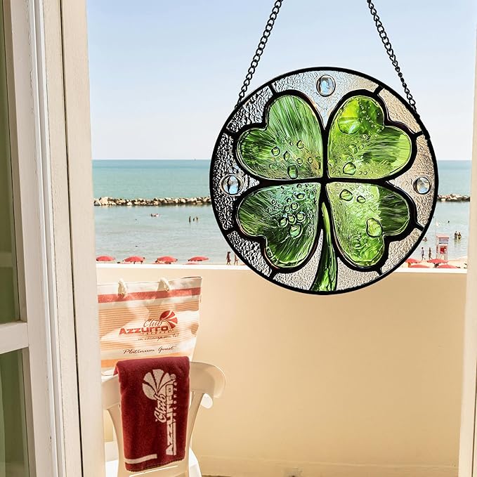 Stained Glass Window Hanging - St. Patrick's Day Green Irish Themed Gifts Sun Catcher Door Home Clover Decor Suncatcher Christmas Mother's Day Birthday Gifts for Women Men Mom Nana 11.8 in