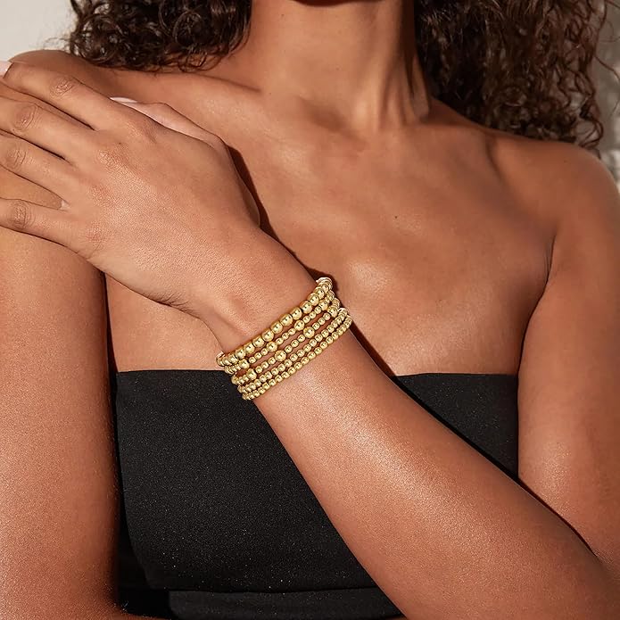 Gold Bracelets for Women, 14K Gold Plated Beaded Bracelets Gold Strand Bead Ball Bracelet Stack Set Adjustable Bracelet Set Waterproof Jewelry for Women Gifts Non Tarnish