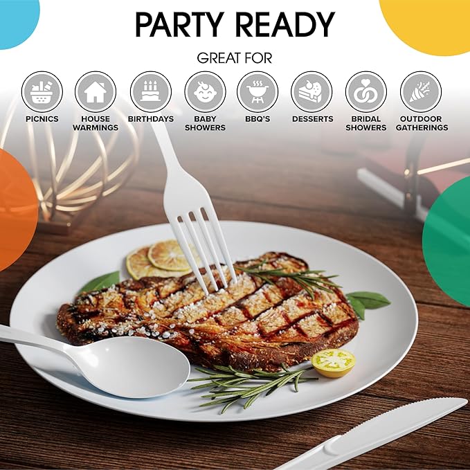 Party Solids White Plastic Silverware Heavy Duty 150 Pieces White Disposable Silverware Heavy Duty, Utensil Sets, 50 Of Each Forks, Knives & Spoons Disposable Cutlery Set For Party Supplies
