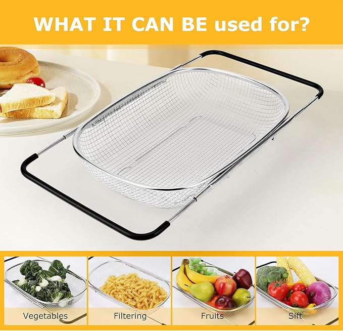 ZDRongZhen Kitchen Accessories Over the Sink Colander Strainer Basket，Stainless Steel Colander with Expandable Rubber Grip Sink Drainer-Rinse Vegetables Fruits &Strain&Drain (Large-grid)