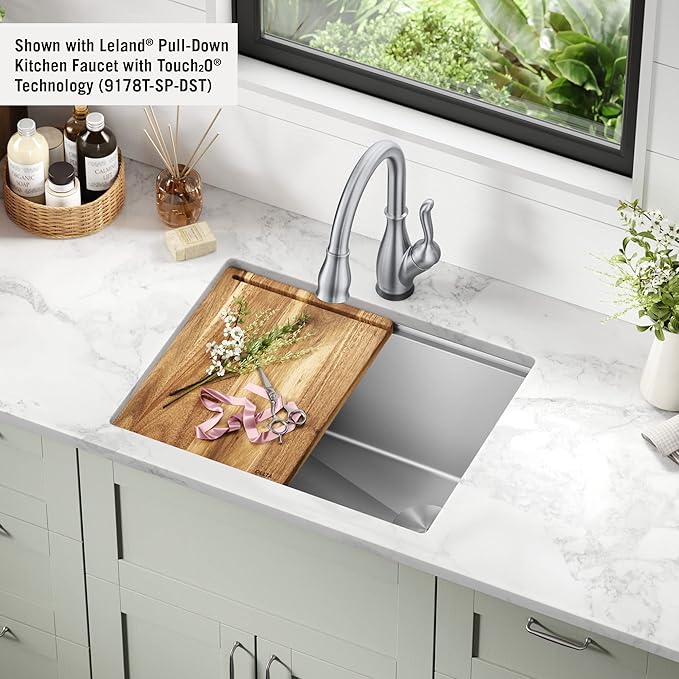 DELTA FAUCET Lorelai 24-inch Workstation Laundry Utility Kitchen Sink Undermount 16 Gauge Stainless Steel Single Bowl with WorkFlow Ledge and a Kit of 5 Accessories, 95B9132-24SL-SS