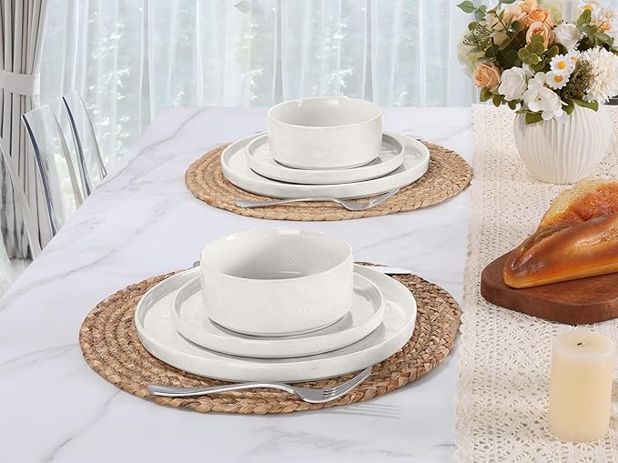 LIANYU Dinnerware Dinner Sets for 6, 18 Piece Ceramic Plates and Bowls Dish Set, Kitchen Speckled Dining Tableware Dishware, Microwave & Dishwasher Safe, Polar White