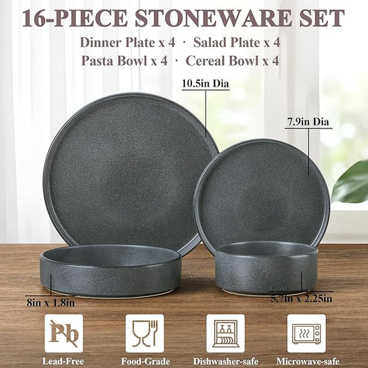Herogo 16 Piece Plates and Bowls Set, Ceramic Dinnerware Sets with Pasta Bowls, Kitchen Dinner Ware Dishes Service for 4, Chip & Scratch Resistant Dishware, Dark Gray