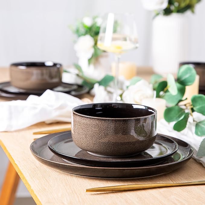LERATIO Ceramic Dinnerware Sets for 4,Porcelain Plates and Bowls Sets,Microwave & Dishwasher & Oven Safe,Scratch Resistant Dishes Sets-Service for 4 (12pcs)-Mordern-coffee