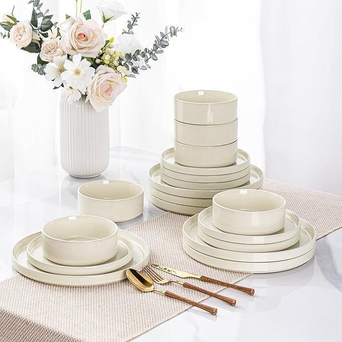 GBHOME Dinnerware Set for 6, 18 Piece Speckled Plates and Bowls Set with Glazed Bottom, Chip & Scratch Resistant Stoneware Plates Sets, Dishwasher & Microwave Safe Dishes, Light Beige